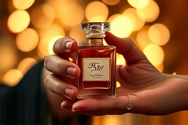 Close-up of custom perfume bottle with couple's initials