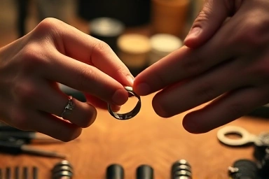 Couple hands crafting a silver ring in a workshop.