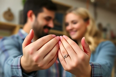 Happy couple showing off custom-made couple rings.