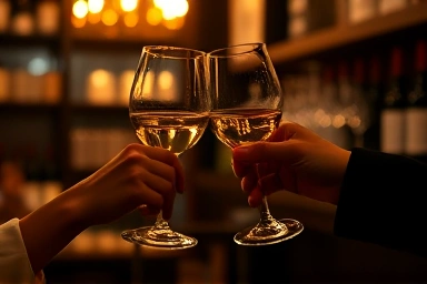 Romantic couple toasting with wine glasses