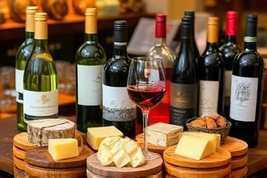 Assortment of wine bottles and gourmet cheese