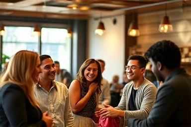People connecting and smiling in a cafe setting.