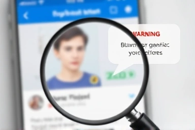 Magnifying glass inspecting dating app profile for suspicious signs.