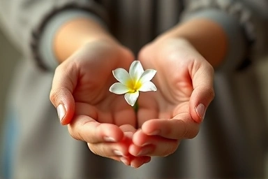 Hands nurturing a blooming flower symbolizing relationship growth