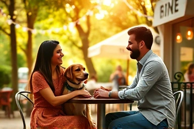 Couple and dog enjoying a date at a charming outdoor cafe.