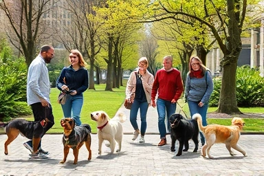People and dogs bonding in a beautiful, expansive park.