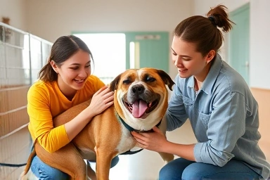 Couple volunteering with rescued dog at shelter