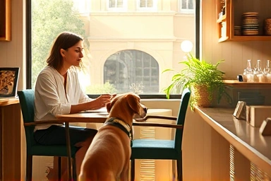Couple enjoying coffee with rescued dog at cafe