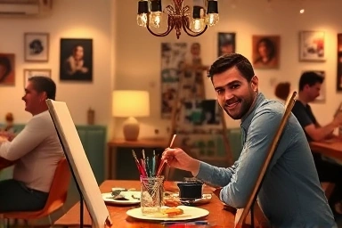 Cozy drawing cafe date with smiling couple painting together.