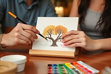 Couple's hands painting a memorable artwork at a cafe.