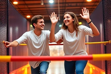 Energetic couple enjoying a thrilling indoor activity together.