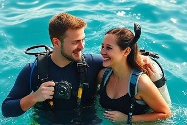 Couple sharing a memorable and exciting water-based adventure.