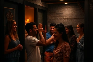 Friends celebrating success in an immersive escape room.