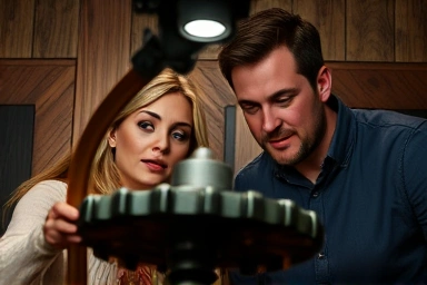 Couple solving a challenging puzzle in a themed escape room.