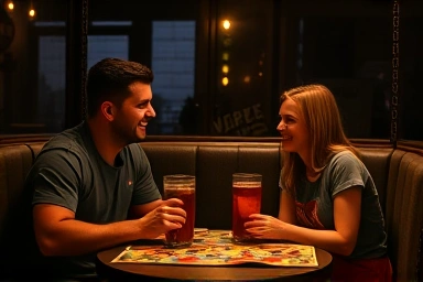 Couple laughing while playing board game at cozy cafe