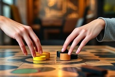 Hands interacting over board game pieces in cafe