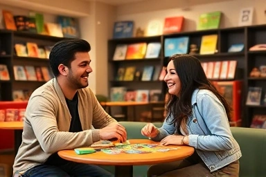 Cozy board game cafe with laughing couple playing a game.