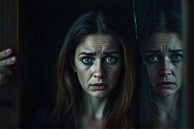 Woman confused by distorted reflections in a cracked mirror.