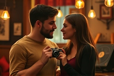 Couple with film camera in cozy cafe, romantic analog vibe.