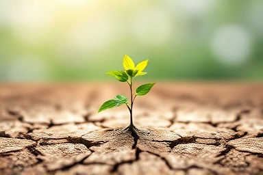 Plant sprouting from dry earth, symbolizing resilience and new beginnings.