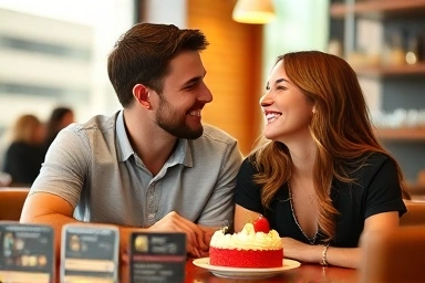 Young couple enjoying a thoughtful date at a cafe.