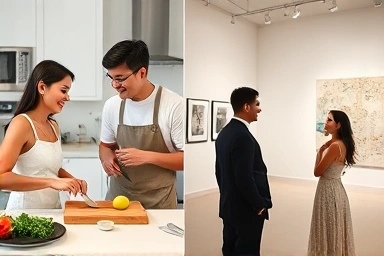 Couple cooking at home vs. experiencing art in a gallery.