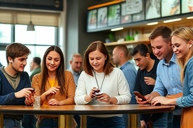 Young adults independently engaging in a modern cafe setting.