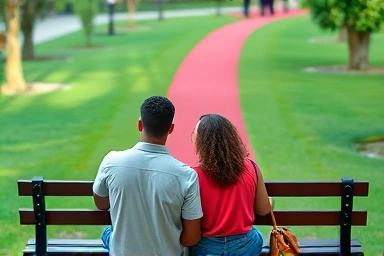 Couple analyzing relationship paths: green for healthy, red for warning.