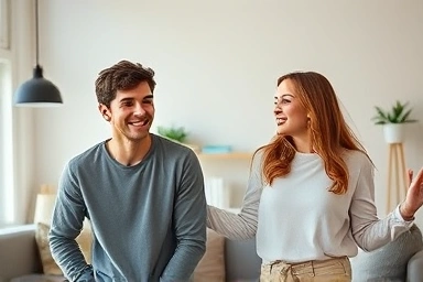 Young couple playfully disagreeing, modern living room, subtle tension