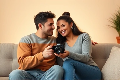 Young couple creating authentic relationship vlog content