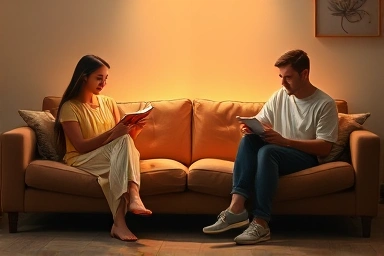 Couple enjoying personal time in a peaceful living room.