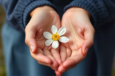Hands holding a blooming flower, symbolizing care and respect