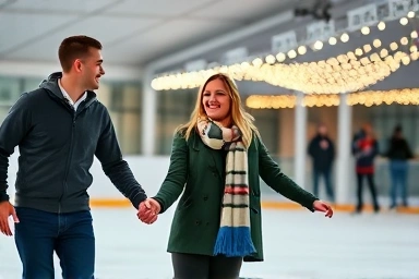 Couple ice skating happily indoors for a date.