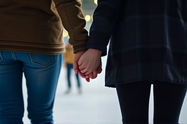 Intimate moment of couple's hands touching on ice skates.