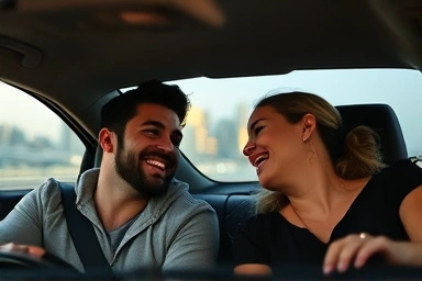 Couple enjoying a romantic late-night drive