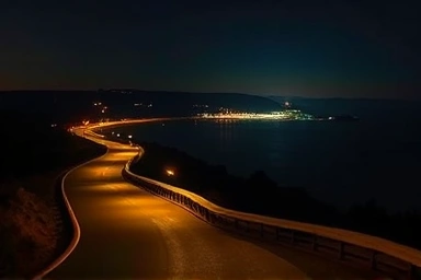Serene night drive with city and nature scenery