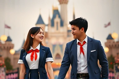 Couple in Lotte World school uniforms enjoying a magical date.