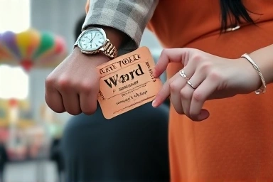 Couple holding Lotte World ticket, symbolizing a special date.