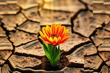Vibrant blooming flower emerging from dry earth.