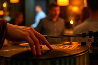 Hand placing vinyl record on turntable, intimate bar atmosphere.