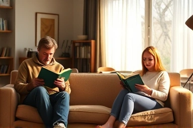 Cozy living room with a couple reading, peaceful atmosphere