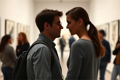 Couple sharing a moment at an art gallery, quiet connection