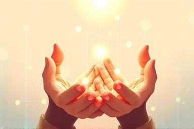 Hands designing a glowing network of connection and understanding.