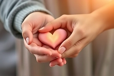 Hands intertwined, offering a glowing heart, symbolizing trust and love.