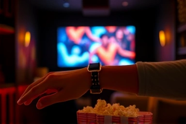 Couple sharing popcorn in a private movie date setting