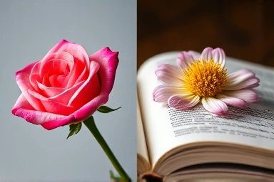 Blooming rose and a pressed flower in a book symbolizing renewed romance.