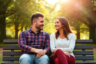 Couple enjoying a designed, happy relationship in a park.