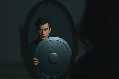 Person sees a guarded reflection, representing internal defense mechanisms.