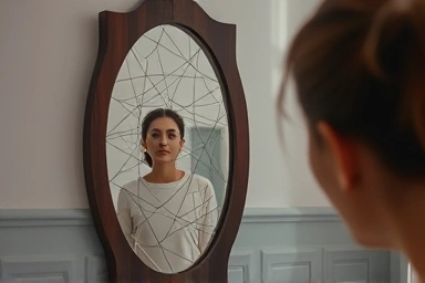 Person reflecting on relationships in a symbolic mirror.