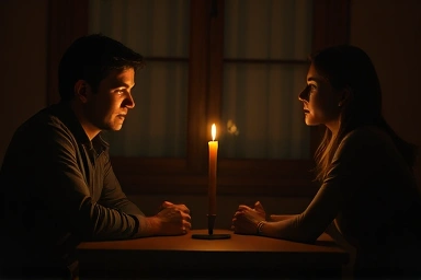 Couple discussing relationship issues over a candlelit table.